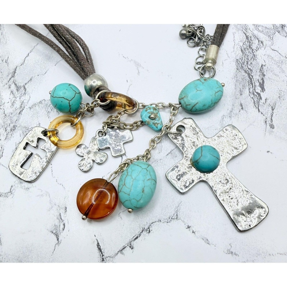 Turquoise‎ Bead Cross Charm Necklace Brown Cord Silver Tone Boho Christian